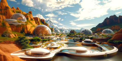 A desert city of the future in the mountain and lake, Futuristic city in global warming effect concept