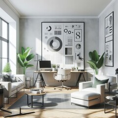 A Room with a template mockup poster empty white and with a desk and couches realistic harmony has illustrative meaning.