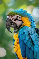 Obraz premium Closeup of the head and neck of an exotic blue and yellow macaw.