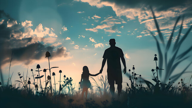 fathers day silhouette with dad and daughter on sunset background.father and child in the sunset card design.generative ai