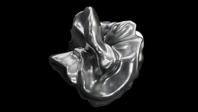 Realistic looping 3D animation of the abstract morphing textured silver metal form rendered in UHD with alpha matte