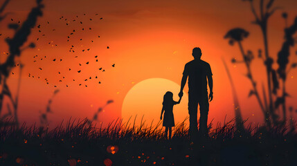 Fototapeta premium fathers day silhouette with dad and daughter on sunset background.father and child in the sunset card design.generative ai