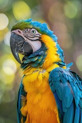 Obraz premium Closeup of the head and neck of an exotic blue and yellow macaw.