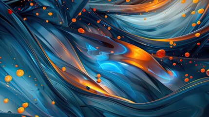 A blue and orange abstract painting with a lot of red and orange splatters
