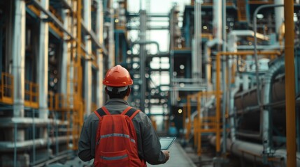 A man in a hard hat holding a tablet, suitable for construction industry projects