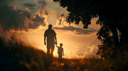 Fototapeta premium fathers day silhouette with dad and son on background.father and child in the sunset card design.generative ai