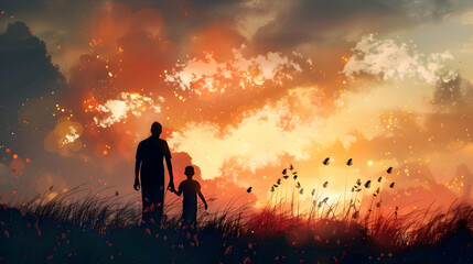 Fototapeta premium fathers day silhouette with dad and son on background.father and child in the sunset card design.generative ai