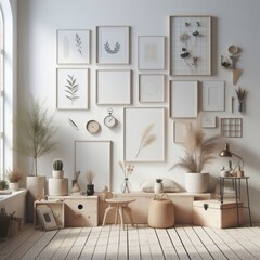 A Room with a template mockup poster empty white and with a wall of pictures and plants realistic attractive lively.