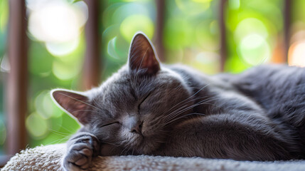 Gray cat napping peacefully on a cozy blanket by the window