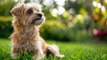 A small, fluffy dog sits on a grassy field, gazing curiously