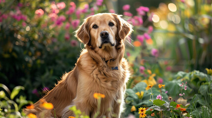 A golden retriever dog playfully sits in a field of wildflowers