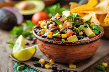 Colourful Texas Caviar Bowl with Black Beans, Avocado, Corn, and Cilantro. Perfect for Chips