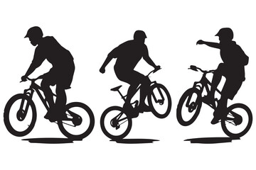 Obraz premium Black silhouettes of bicyclist rider jumping on a white background