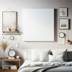 Bedroom sets have template mockup poster empty white with Bedroom interior and a clock image realistic lively used for printing card design.