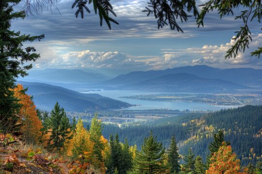 Schweitzer Mountain Landscape: Stunning View of Sandpoint and Pend Oreille Lake amid Sky, Forest