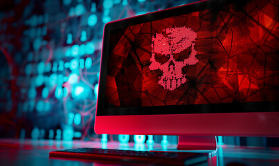 An alarming warning about system intrusion appears on the computer screen after a series of cyber attacks on computer networks where hackers obtained confidential data.