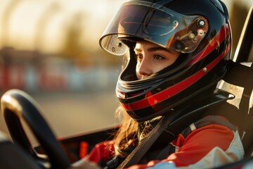 Thrill-seekers competing for the fastest lap at a lively indoor go-kart racing track. Beautiful simple AI generated image in 4K, unique.