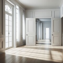 Fototapeta premium A Room with a template mockup poster empty white and with white doors and a wood floor realistic photo photo used for printing.