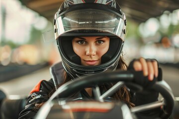 Person riding go-kart on racing track, perfect for sports and entertainment concepts. Beautiful simple AI generated image in 4K, unique.