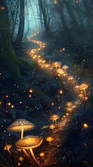 Enchanted Forest Pathway Illuminated by Glowing Mushrooms and Fireflies at Dusk