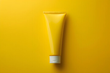 Stylish metal tube with cream inside on yellow background mockup. Generative Ai.