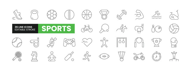 Set of 36 Sports line icons set. Sports outline icons with editable stroke collection. Includes Cricket, Football, Ping Pong, Baseball, E-Sports, and More. 