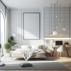 Bedroom sets have template mockup poster empty white with Bedroom interior and a desk image harmony lively has illustrative meaning card design .