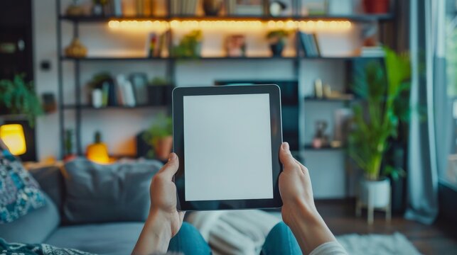 Relaxing at home and reading a book on a tablet.