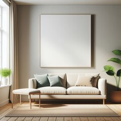 A white couch and a bench in a Room with a template mockup poster empty white and with plants image photo attractive card design.