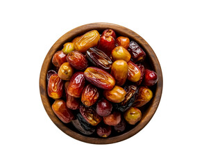 Obraz premium Date fruits with palm leaves and date fruit in wooden bowl isolated on a transparent background Ai generative.