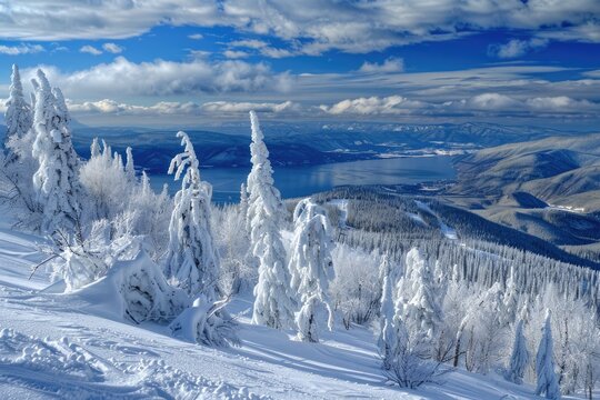 Schweitzer Mountain Peak Winter Fun. Frozen Trees Above Lake Pend Orielle on Sunny Day. Idaho