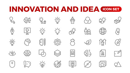 Innovation line icons collection. Technology, creative, icons. UI icon set. Thin outline pack. Idea Creative idea, brainstorming, solution, thinking and innovation Lightbulb with brain outline icon.