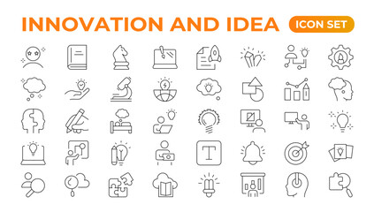 Innovation line icons collection. Technology, creative, icons. UI icon set. Thin outline pack. Idea Creative idea, brainstorming, solution, thinking and innovation Lightbulb with brain outline icon.