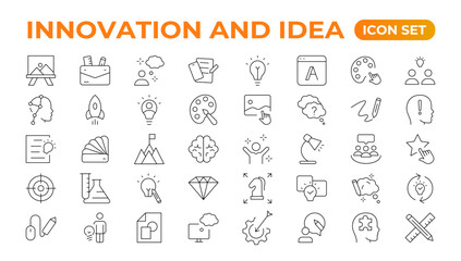 Innovation line icons collection. Technology, creative, icons. UI icon set. Thin outline pack. Idea Creative idea, brainstorming, solution, thinking and innovation Lightbulb with brain outline icon. © artnazu
