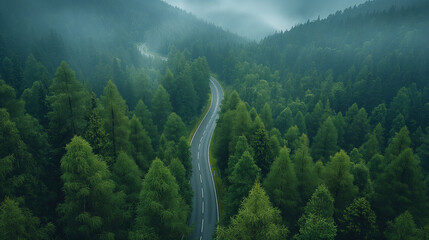 Aerial view on the road between green hills and trees.