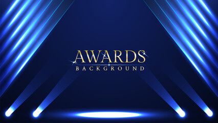 Dark blue luxury awards graphics background with light neon elegant shine spotlight effects. Premium corporate abstract design template. Banner certificate dynamic shape. 
