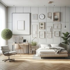 Bedroom sets have template mockup poster empty white with a desk chair and Bedroom interior art photo lively has illustrative meaning.