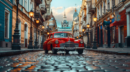 Vintage Red Car in Historical City Street