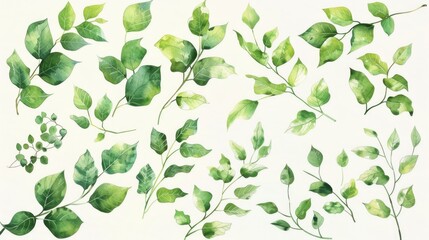 Fresh green leaves isolated on a clean white background. Perfect for use in botanical or nature-themed designs