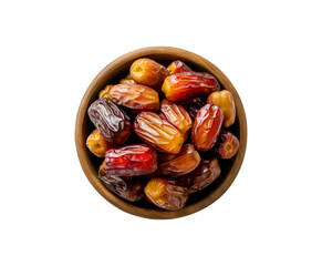 Obraz premium Date fruits with palm leaves and date fruit in wooden bowl isolated on a transparent background Ai generative.