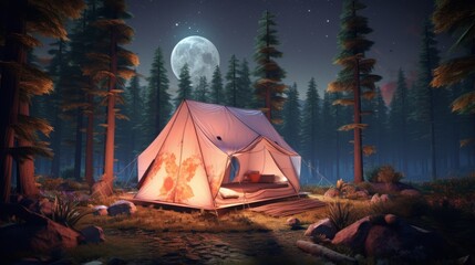 Engage viewers in a surreal camping trip where AR unveils hidden societal messages in nature Design an immersive digital scene featuring a tent amidst a tranquil forest setting