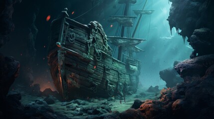 Explore eerie underwater realms teeming with ghostly shipwrecks in a watercolor masterpiece capturing the play of light on ancient coral formations The worms-eye view creates a sen