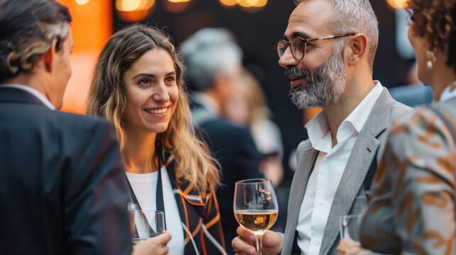 Group of business people at an event are smiling and talking to each other while holding glasses of wine in their hands, A corporate event with attendees networking and exchanging ideas