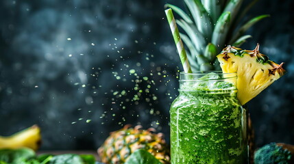 Energizing green smoothie made with spinach, kale, pineapple, and coconut water.