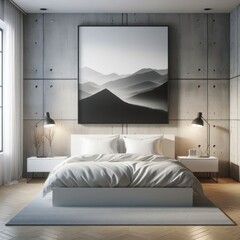 Bedroom sets have template mockup poster empty white with a painting above the bed image art photo has illustrative meaning has illustrative meaning.