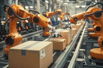 Fototapeta premium Automatic robot arm sorts cardboard boxes on a conveyor line. AI generated