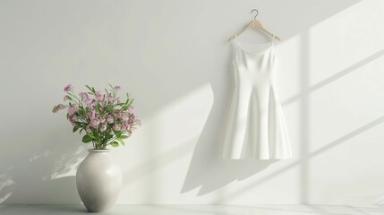 White dress mockup, lovely dress hanging on wall hanger