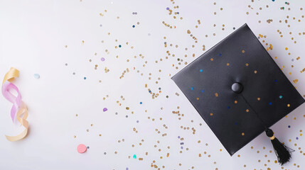 Elegant aesthetic invitation mockup for graduation with academic cap. Light background with confetti. Generative AI