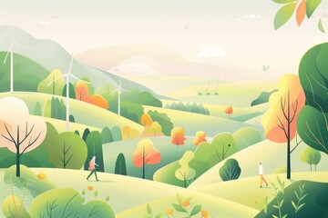 Naklejka premium Volunteers Planting Trees and Restoring Habitats in a Warm and Vibrant CalArts-Inspired. Beautiful simple AI generated image in 4K, unique.