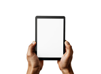 A person is holding a tablet with a white screen